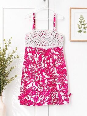 Lilly Pulitzer Pink White Floral Lobster Print Lace Bodice Dress 8 10 M Cotton
